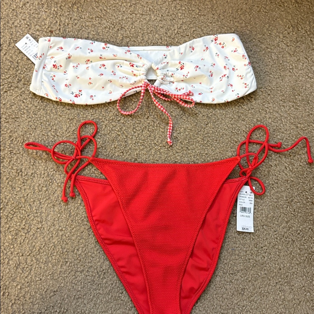 Floral Bandeau and Red Bikini Bottom